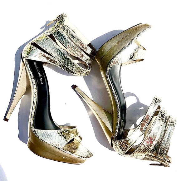 Gold Snake Ankle Strap High Heels Size 8.5 Platform Open Toe Sandals - Picture 1 of 8